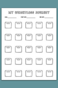A weight loss tracker titled &ldquo;My Weightloss Journey&rdquo; showing five rows of scale icons arranged in a grid layout with room for a goal, start date, and end date.