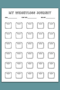 A weight loss tracker titled &ldquo;My Weightloss Journey&rdquo; with a dense grid of scale icons across the page, leaving room at the top to note goal, start date, and end date.