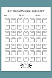 A weight loss tracker titled &ldquo;My Weightloss Journey&rdquo; featuring several rows of scale icons and one celebratory scale icon at the bottom emphasized with decorative lines.