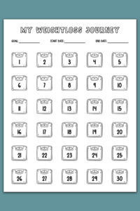 A weight loss tracker titled &ldquo;My Weightloss Journey&rdquo; with numbered scale icons from 1 to 30 arranged in rows and space at the top to record goal, start date, and end date.