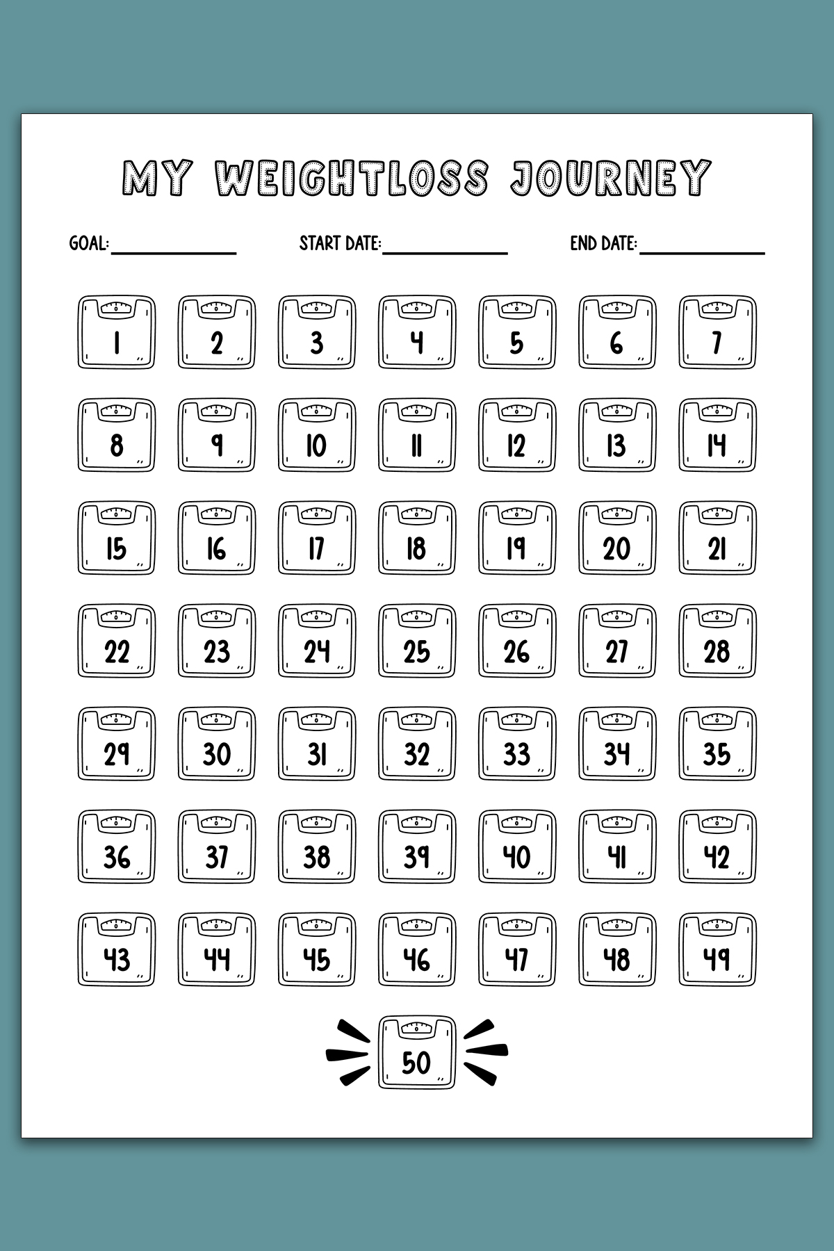 A numbered weight loss tracker titled &ldquo;My Weightloss Journey&rdquo; featuring scale icons labeled 1 through 50 and a special celebratory scale icon at the bottom for reaching the goal.