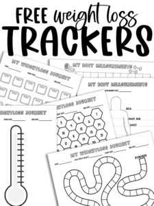 A collage preview of multiple free printable weight loss trackers showing measurement sheets, scale trackers, hexagon trackers, thermometer pages, and board-game-style progress charts with the title FREE WEIGHT LOSS TRACKERS.