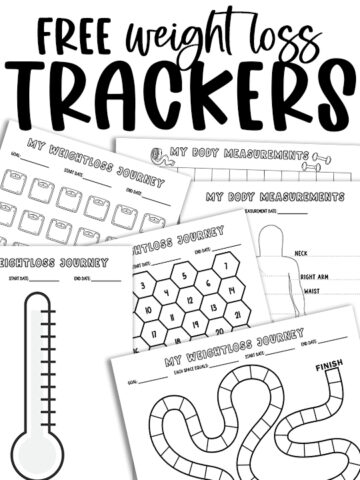 A collage preview of multiple free printable weight loss trackers showing measurement sheets, scale trackers, hexagon trackers, thermometer pages, and board-game-style progress charts with the title FREE WEIGHT LOSS TRACKERS.
