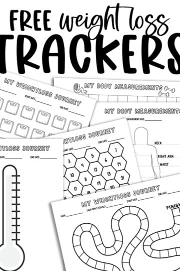 A collage preview of multiple free printable weight loss trackers showing measurement sheets, scale trackers, hexagon trackers, thermometer pages, and board-game-style progress charts with the title FREE WEIGHT LOSS TRACKERS.