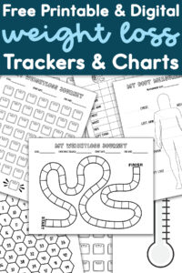 A Pinterest-style collage titled Free Printable & Digital Weight Loss Trackers & Charts featuring several weight loss tracker designs including scale grids, measurement charts, hexagon charts, and a board-game-style tracker.