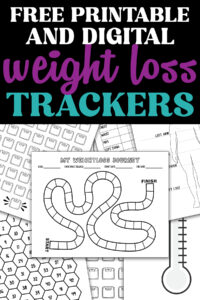 A bold Pinterest graphic with the title FREE PRINTABLE AND DIGITAL WEIGHT LOSS TRACKERS over a collage of various pages including scale trackers, hexagon charts, measurement sheets, and a board-game-style tracker.