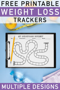A Pinterest graphic titled Free Printable Weight Loss Trackers showing a printed game-board-style tracker on a clipboard with a pencil, apples, a measuring tape, a water bottle, and a towel, with a footer reading MULTIPLE DESIGNS.