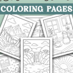 Pinterest collage graphic featuring multiple relaxation coloring pages arranged in layers, with a large waterfall page centered and the text &ldquo;Free Relaxation Coloring Pages&rdquo; at the top on a green background.