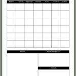 Undated July monthly calendar designed in black and white, featuring a monthly grid on top and three sections on the bottom&mdash;Notes, Important Events, and Goals.