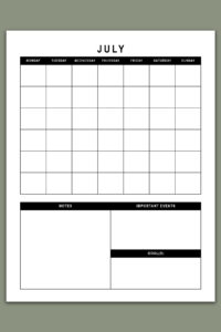 Undated July monthly calendar designed in black and white, featuring a monthly grid on top and three sections on the bottom&mdash;Notes, Important Events, and Goals.
