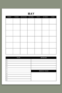 Black-and-white undated May monthly calendar with a full grid at the top and a lower section for To-Do items, Important notes, and a Monthly Focus box.