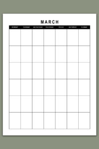 Clean black-and-white undated March monthly calendar page with a full simple grid and no additional sections.
