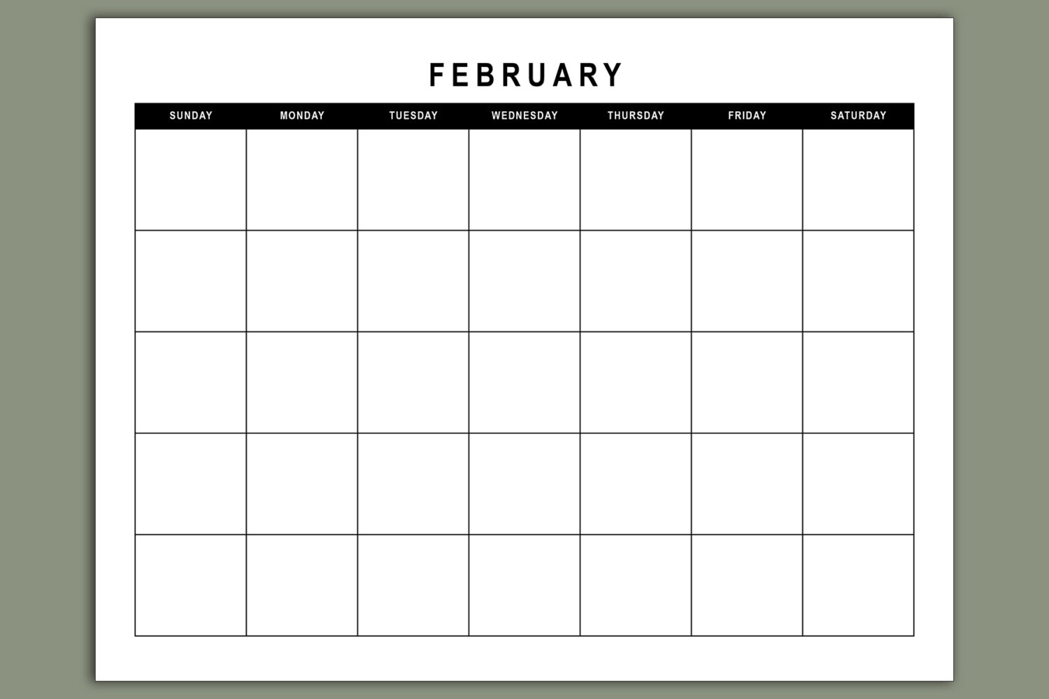 Black-and-white undated February calendar page featuring a traditional monthly grid layout with Sunday start.