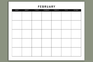Black-and-white undated February calendar page featuring a traditional monthly grid layout with Sunday start.