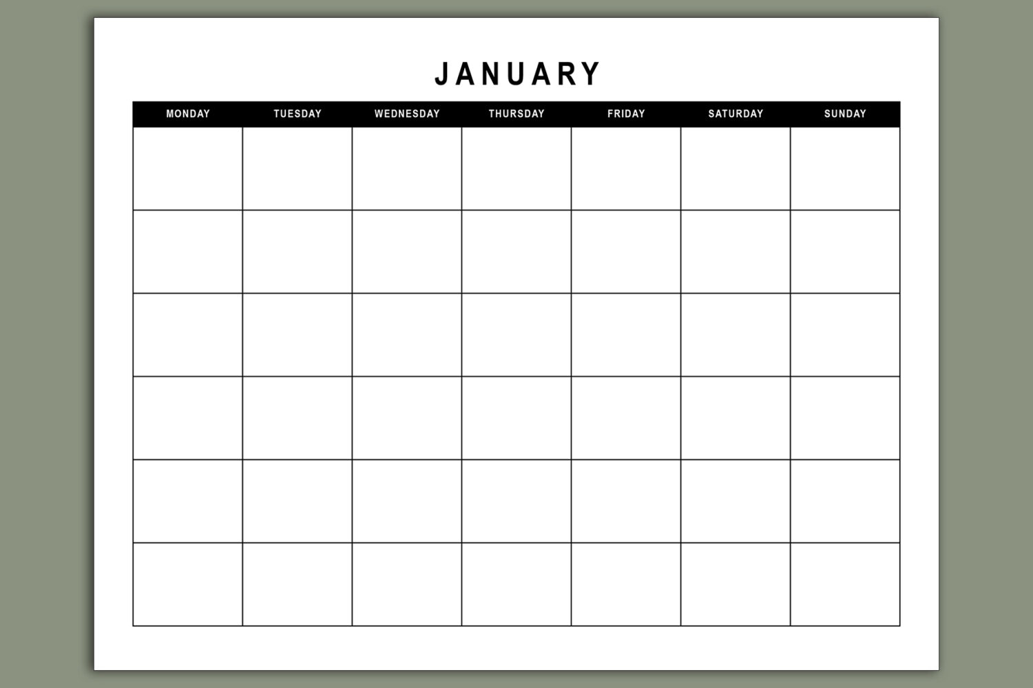 Minimalist undated January calendar page in black and white with a standard monthly grid and no added sections.
