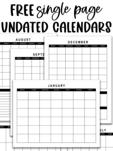 Featured graphic showing a collage of multiple black-and-white undated monthly calendar pages with bold text at the top reading &ldquo;Free Single Page Undated Calendars.&rdquo;