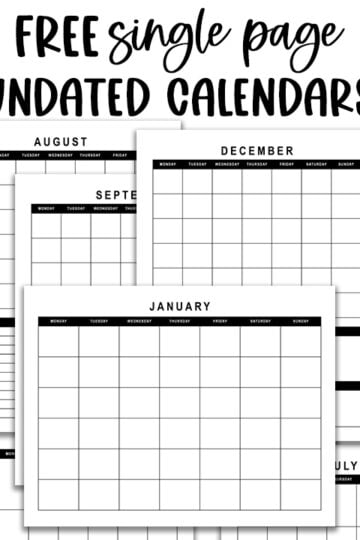 Featured graphic showing a collage of multiple black-and-white undated monthly calendar pages with bold text at the top reading “Free Single Page Undated Calendars.”