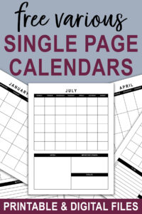 Pinterest-style promotional graphic with the text &ldquo;Free Various Single Page Calendars&rdquo; above a collage of undated monthly calendar layouts in black and white, with a banner saying &ldquo;Printable & Digital Files&rdquo; at the bottom.
