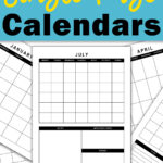 Promotional graphic with the text &ldquo;Free Various Style Single Page Calendars&rdquo; on a bright blue background, featuring a centered July calendar page surrounded by additional black-and-white monthly calendar designs. A bold yellow banner at the bottom reads &ldquo;Printable & Digital Files.&rdquo;