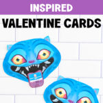 A tall vertical image shows a close-up of a single blue demon Valentine card centered on a white subway tile background. At the top it says Free Printable, Below that is A purple banner across the top reads &ldquo;KPOP DEMON HUNTER INSPIRED.&rdquo; Then below that it says Valentine Cards. The Derpy&rsquo;s bright eyes, exaggerated smile, and fang-filled mouth are clearly visible, with a Valentine card tucked into its mouth like a tongue.