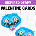 A tall Pinterest-style graphic with bold text reading &ldquo;FREE PRINTABLE KPOP DEMON HUNTERS INSPIRED DERPY VALENTINE CARDS&rdquo; in black and white lettering over purple bands. Below the text, two blue Derpy Valentine cards are displayed against a white subway tile background. Each shows Derpy&rsquo;s bright yellow-and-pink eyes, sharp teeth, and purple tongue holding a small Valentine message card.