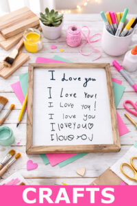 Styled craft workspace with pastel papers, paint brushes, markers, twine, glue, and small heart confetti surrounding a framed board showing multiple handwritten 