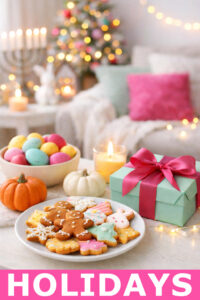 Cozy holiday tabletop scene with decorated cookies on a plate, pastel dyed eggs in a bowl, small pumpkins, a wrapped gift with pink ribbon, and glowing candles with a softly lit Christmas tree and string lights blurred in the background.
