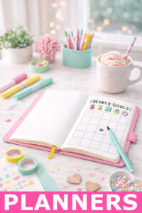 Pastel desk setup with an open planner showing a 