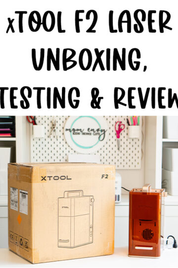 At the top it says xTool F2 laser unboxing, testing, and review. Below that xTool F2 laser engraver next to its shipping box during unboxing and testing in a craft room.