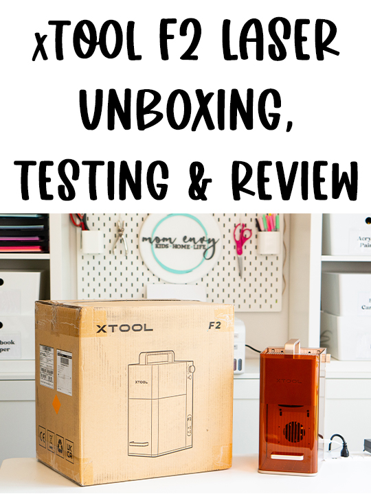 At the top it says xTool F2 laser unboxing, testing, and review. Below that xTool F2 laser engraver next to its shipping box during unboxing and testing in a craft room.