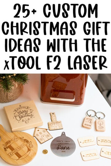 Collage of personalized Christmas gifts made with the xTool F2 laser, including a family name mini charcuterie board, engraved Christmas gift box, wooden house ornament, metal baby’s first Christmas ornament, personalized wooden keychains, and wooden gift tags.