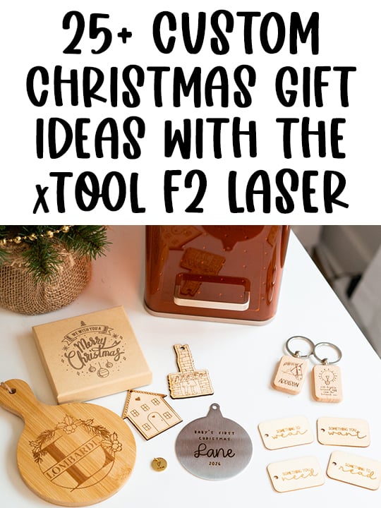 Collage of personalized Christmas gifts made with the xTool F2 laser, including a family name mini charcuterie board, engraved Christmas gift box, wooden house ornament, metal baby's first Christmas ornament, personalized wooden keychains, and wooden gift tags.