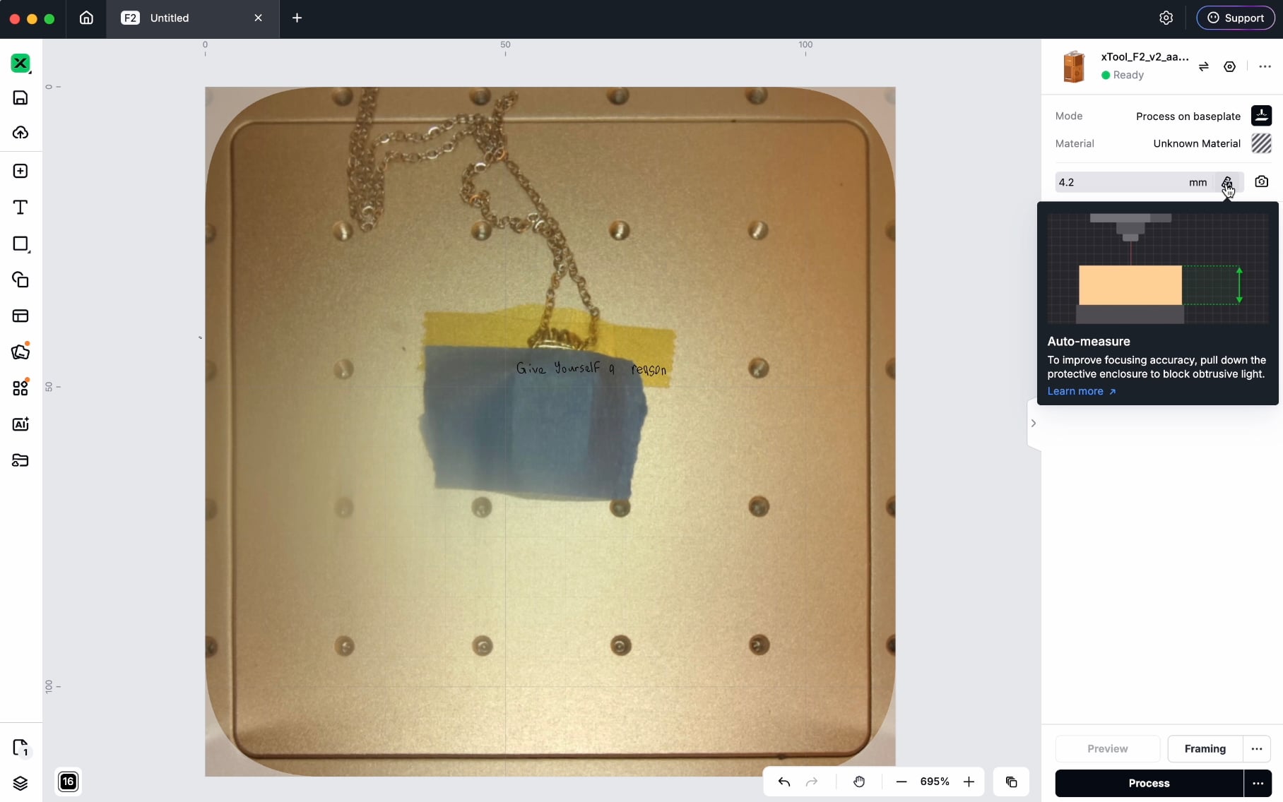 Here is a screenshot in xTool software showing the painters tape on the jewelry to help with the automeasuring. 